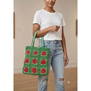 America & Beyond Crochet Tote Bag Green Red Granny Square Boho Handmade Purse